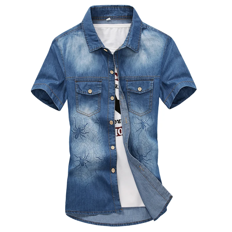 

2019 Fashion New Men's Casual Cotton Washed Denim Short Sleeve Shirt / Men's Slim Fit Large Size Denim Shirts