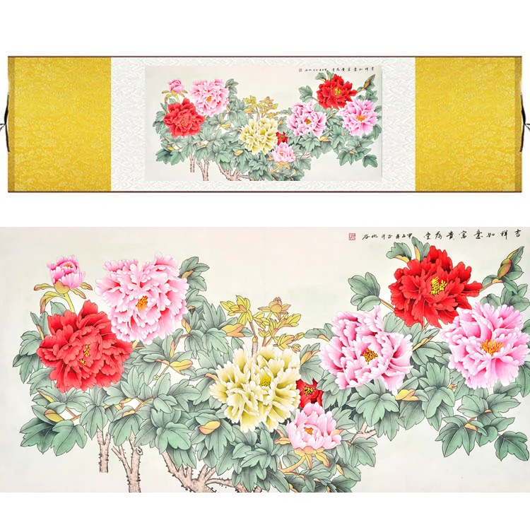 

Traditional Chinese Silk watercolor flower ink rich colors Peony print damask framed scroll painting canvas wall picture gift