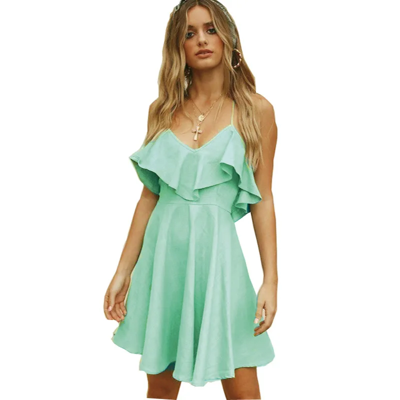 Red V Neck Women's Summer Beach Dress with Ruffles, Spaghetti Strap and Backless Design - Sexy Ladies' Mini Sundress image 6