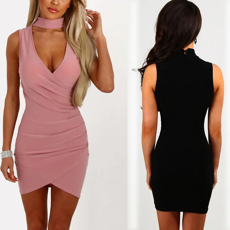New Women V Neck Bodycon Mini Dress Sleeveless Summer Party Cocktail Short Dress