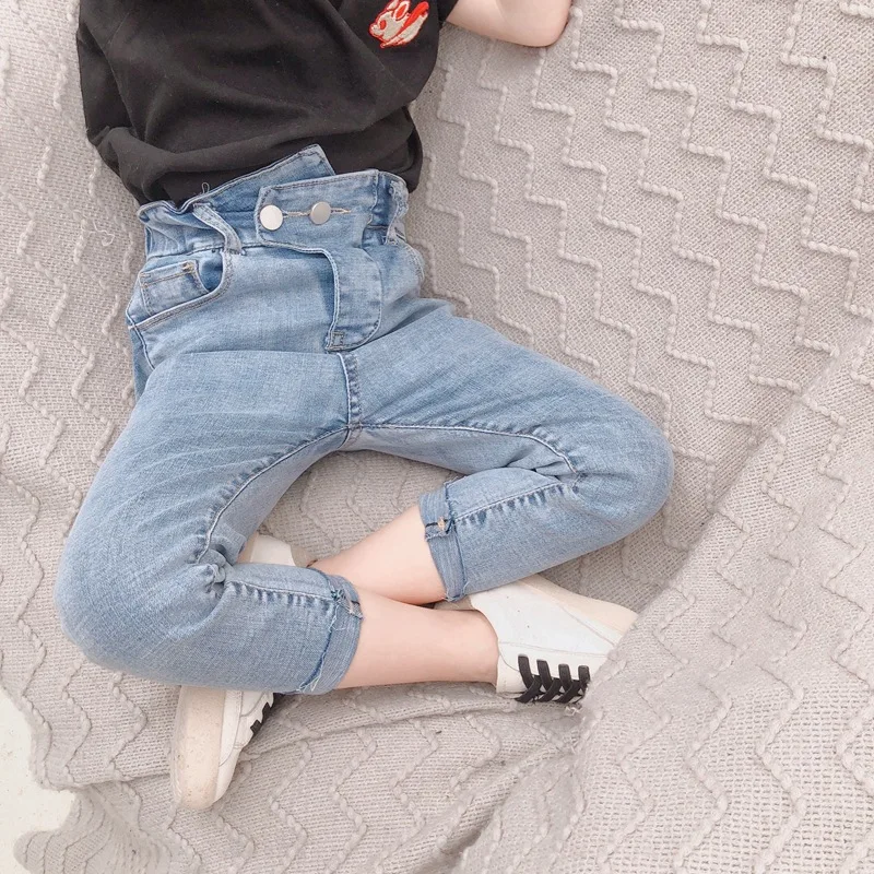 

2019 Spring and Summer Korean Version cotton all-match fashion Elastic Jeans pencil Pants for cute sweet baby girls and boys