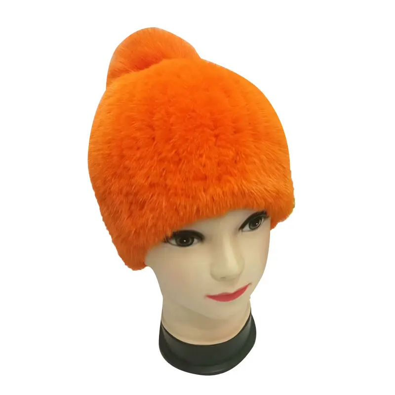 

Women winter fur hat 100% real mink fur hat with big fox fur pompom