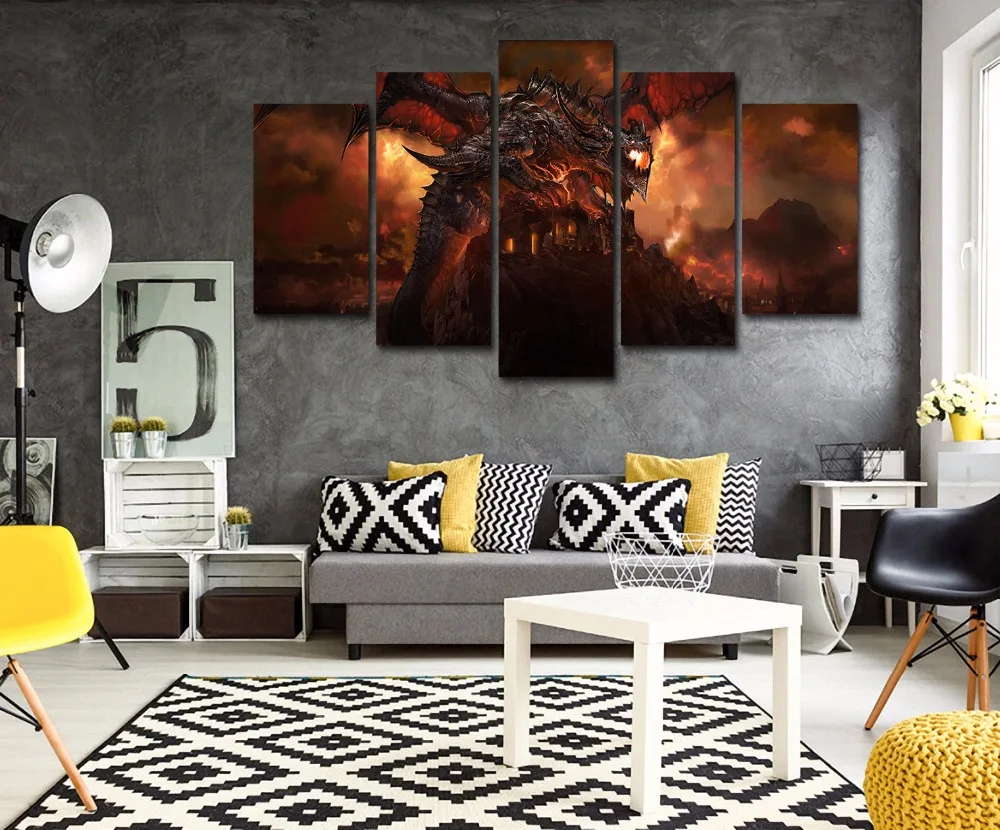 HD печать 5 шт Deathwing Dragon Fire Sky World of Warcraft постер холст картина детский Декор Холст