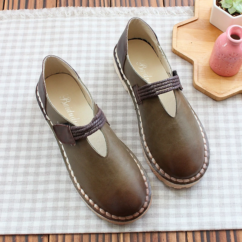 Confortable Beige vert Occasionnels Véritable Ronde Chaussures Main Littéraire Rétro Cuir Femmes En Plat Tête Fond Poupée Mou Belle Unique marron pwTK6xHKfq