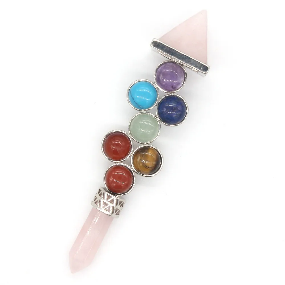 

Kraft-beads Silver Plated Pyramid 7 Stone Beads Energy Scepter Natural Rose Pink Quartz Healing Point Chakra Pendant