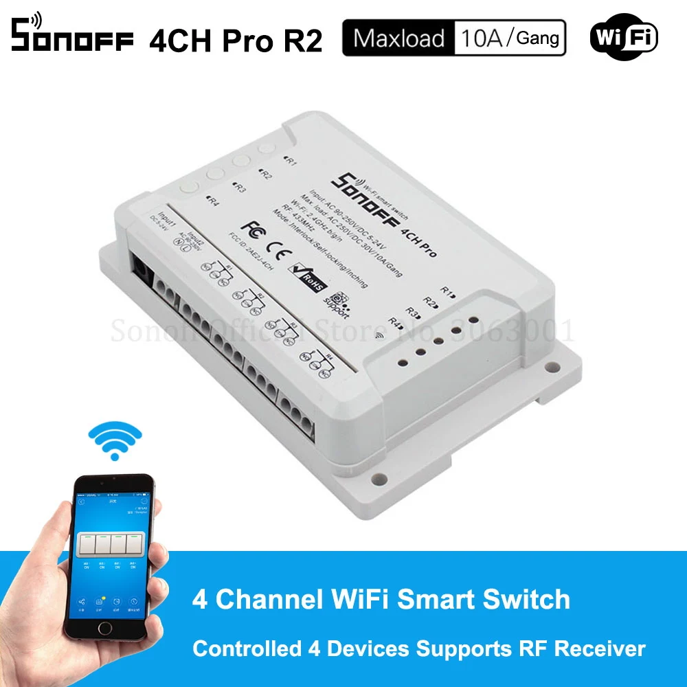 Sonoff 4CH Pro R2 10A/Комплект 4-канальный Wifi смарт-коммутатор 433 МГц РЧ-пульт Wifi освещение переключатель поддерживает 4 устройства работает с Alexa