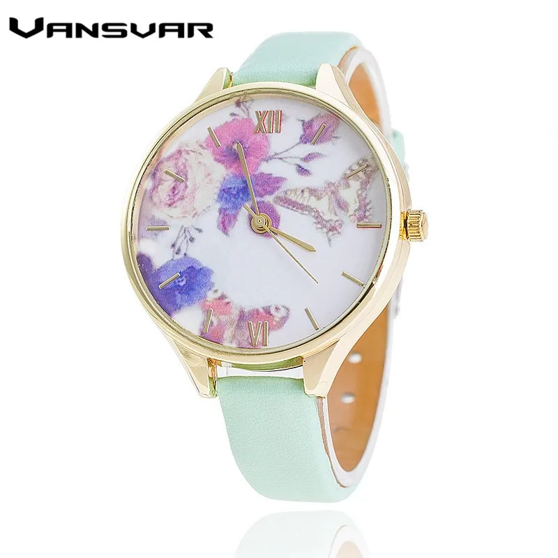 Vansvar Brand Leather Strap Women Quartz Watch Fashion Flower Watch Casual Watches Relogio Feminino vansvar brand vintage leather cute cat watch casual fashion ladies women quartz watch relogio feminino v48