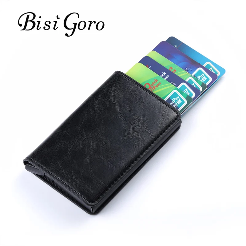 Bisi غورو 2019 الأعمال حامل بطاقة الائتمان للجنسين المعادن RFID خمر واحدة مربع مجنون الحصان بو الجلود بطاقة المحفظة دروبشيبينغ