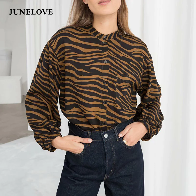 Женская блузка с длинным рукавом JuneLove винтажная животным принтом Повседневная