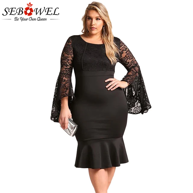 sebowl plus size lace midi dress evening wear long bell sleeve plus size lace bodycon dress