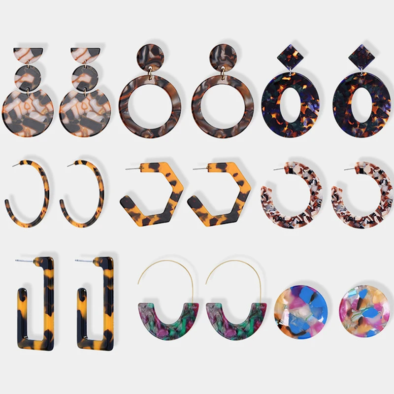 

Uer 2018 New Fashion Acetate Earrings Acrylic Resin Leopard Print Circle Square C Shape Big Drop Earrings for Christmas Jewelry