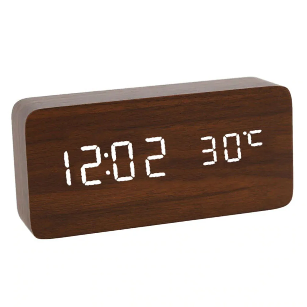 Светодиодный Будильник с голосовым управлением, цифровой термометр с деревянной подсветкой, деревянные ретро светящиеся часы, настольные светящиеся будильники - Цвет: White Number Brown