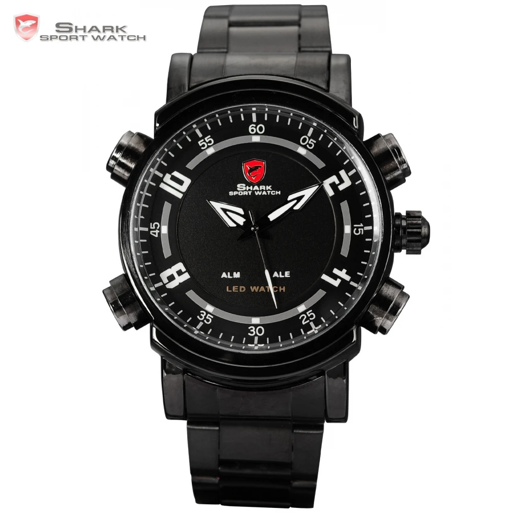 

Basking SHARK Sport Watch LED Analog Dual Time Date Alarm Black Stainless Steel Band Men's Sports Digital Quartz Watches / SH064