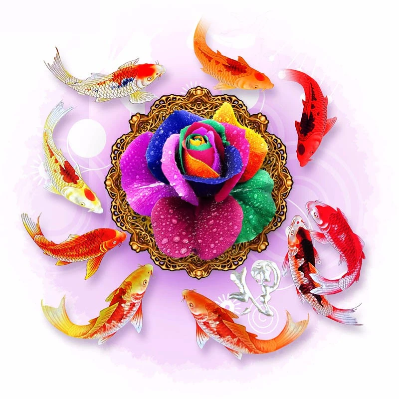 

5D Diy Diamond Painting Cross Stitch Colorful Carp & Flowers Diamond Embroidery Full Round Mosaic Decoration Resin Sticker Kits