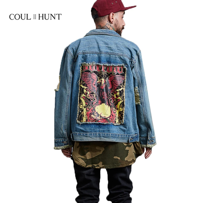 New Ripped Denim Jacket Men 2018 High Street Oil Painting Jacket Mens