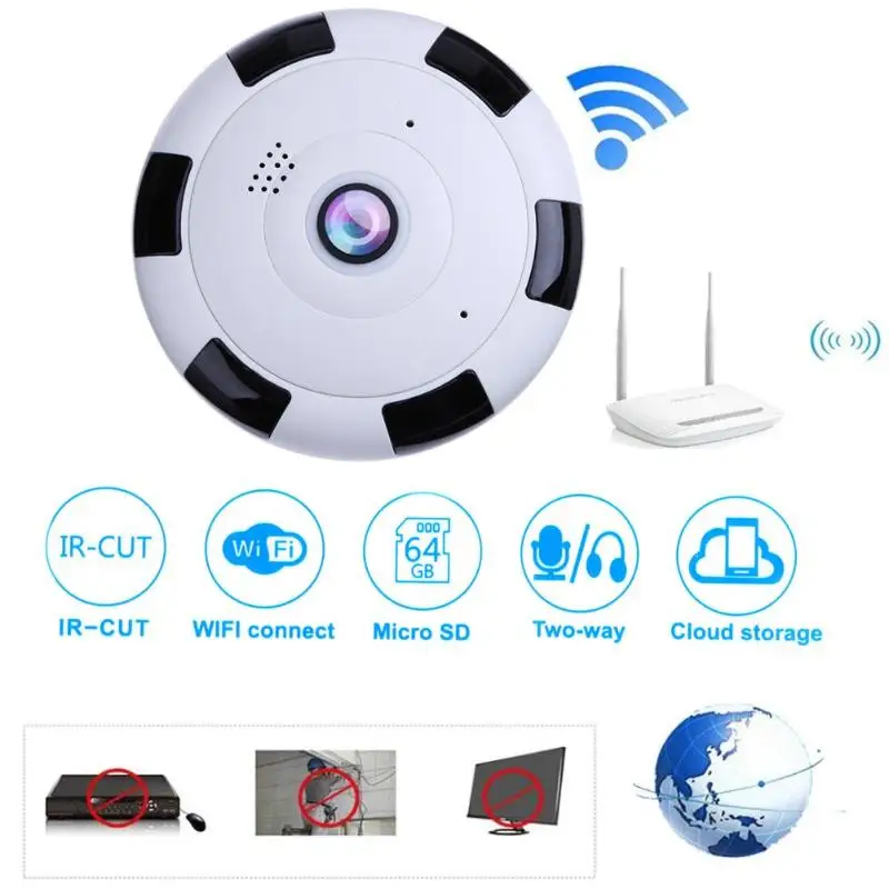 

1080P Mini 360 Degree Panoramic Wide Angle Wifi Wireless IP Camera Night Vision Smart Fisheye Home Security Camera