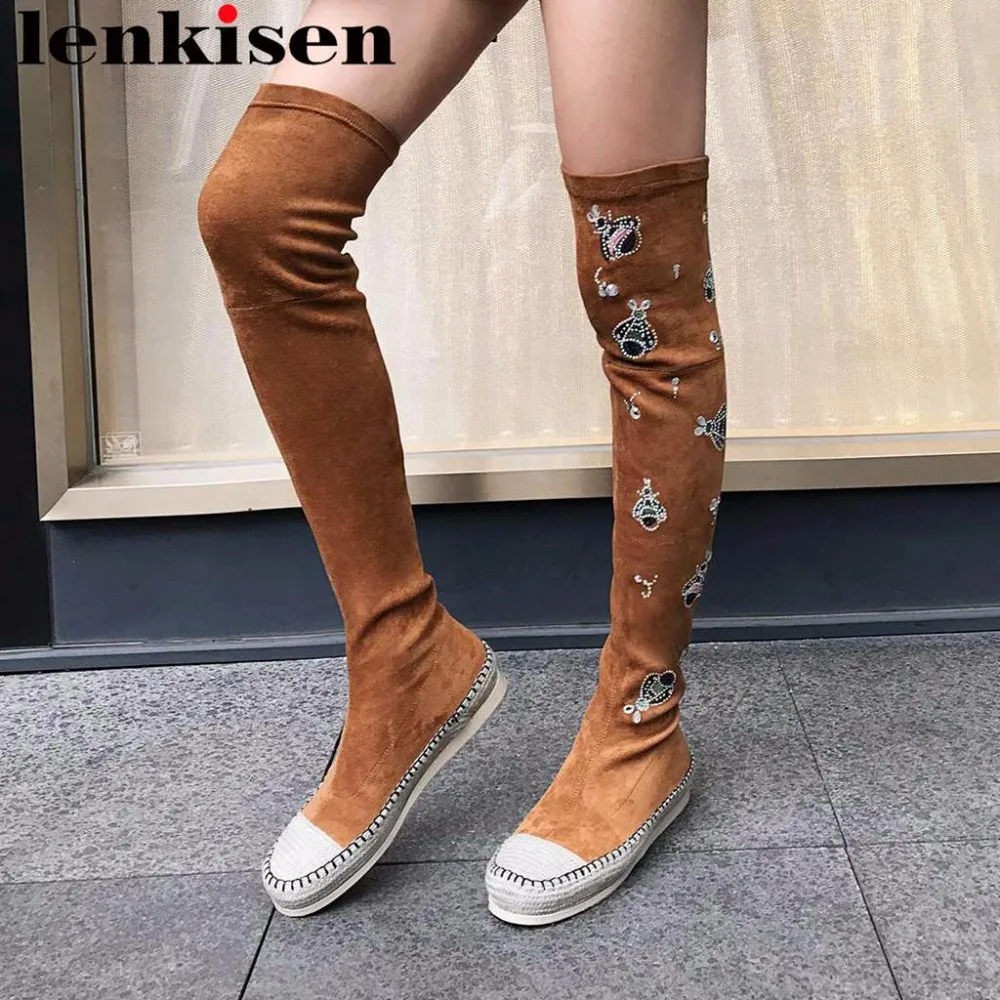 

Lenkisen 2018 handmade large size slip on round toe solid low heel preppy style cartoon bees crystals women thigh high boots L16
