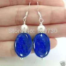 Ry00373 НАТУРАЛЬНЫЙ ГОЛУБОЙ ЛАЗУРИТ& НАСТОЯЩЕЕ БЕЛЫЙ КУЛЬТИВИРОВАННЫЙ ЖЕМЧУГ БОЛТАТЬСЯ СЕРЬГИ СЕРЕБРО КРЮЧОК 5 шт