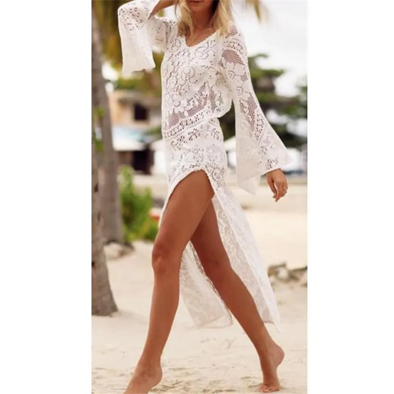 

Women Lace Dress Crochet Bikini Beachwear Cover Up Sexy Summer Bathing Suit robe femme ropa mujer Elegant 2019 Newest Hot Sale