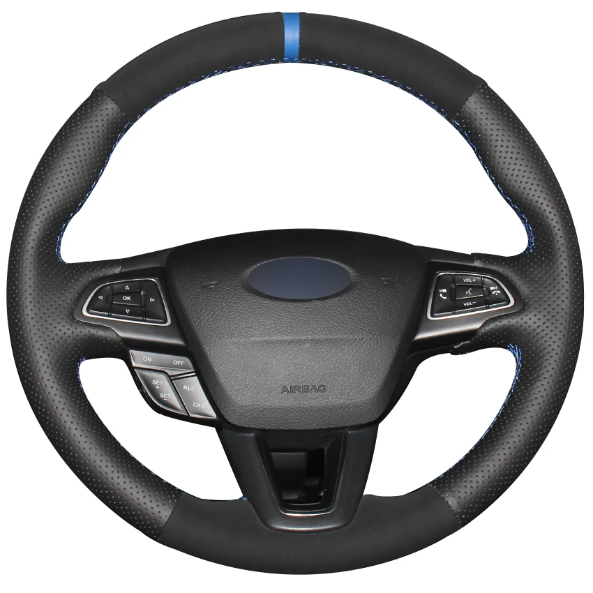 

Black Natural Leather Black Suede Blue Marker Steering Wheel Cover for Ford Focus 3 2015-2018 Kuga 2016-2018 Escape 2016-2018