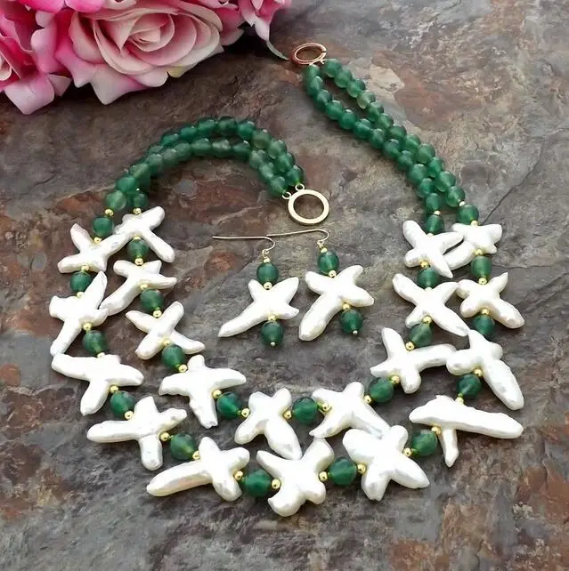 

2 row 20" White Cross freshwater Pearl Green bead Necklace Earrings Set