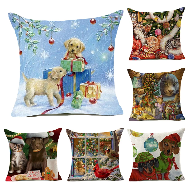 

Nordic Style Christmas Cute Labrador Dogs Cats Pattern Dining Chair Pillow Cover Comfortable Sleeping Throw Pillow Case on Couch
