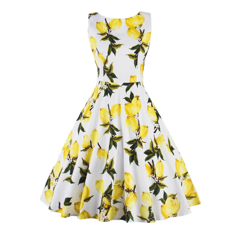 

Yellow Lemon Print floral 50s 60s Vintage Dress Audrey Hepburn Sleeveless 2016 Summer Retro PinUp Dress Vestidos Women Clothing