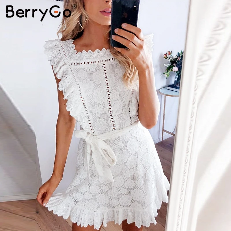BerryGo вышивкой кружевные платья для женщин Открытое платье, элегантное детское платье с поясом, с оборками летнее платье пикантные вечерние женские vestidos
