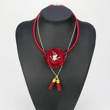New Handmade Fabric Red Flower Tassel Choker Necklace Fashion Indian Jewelry New 2016 Pendant Girl Woman Accessories Xmas Gift