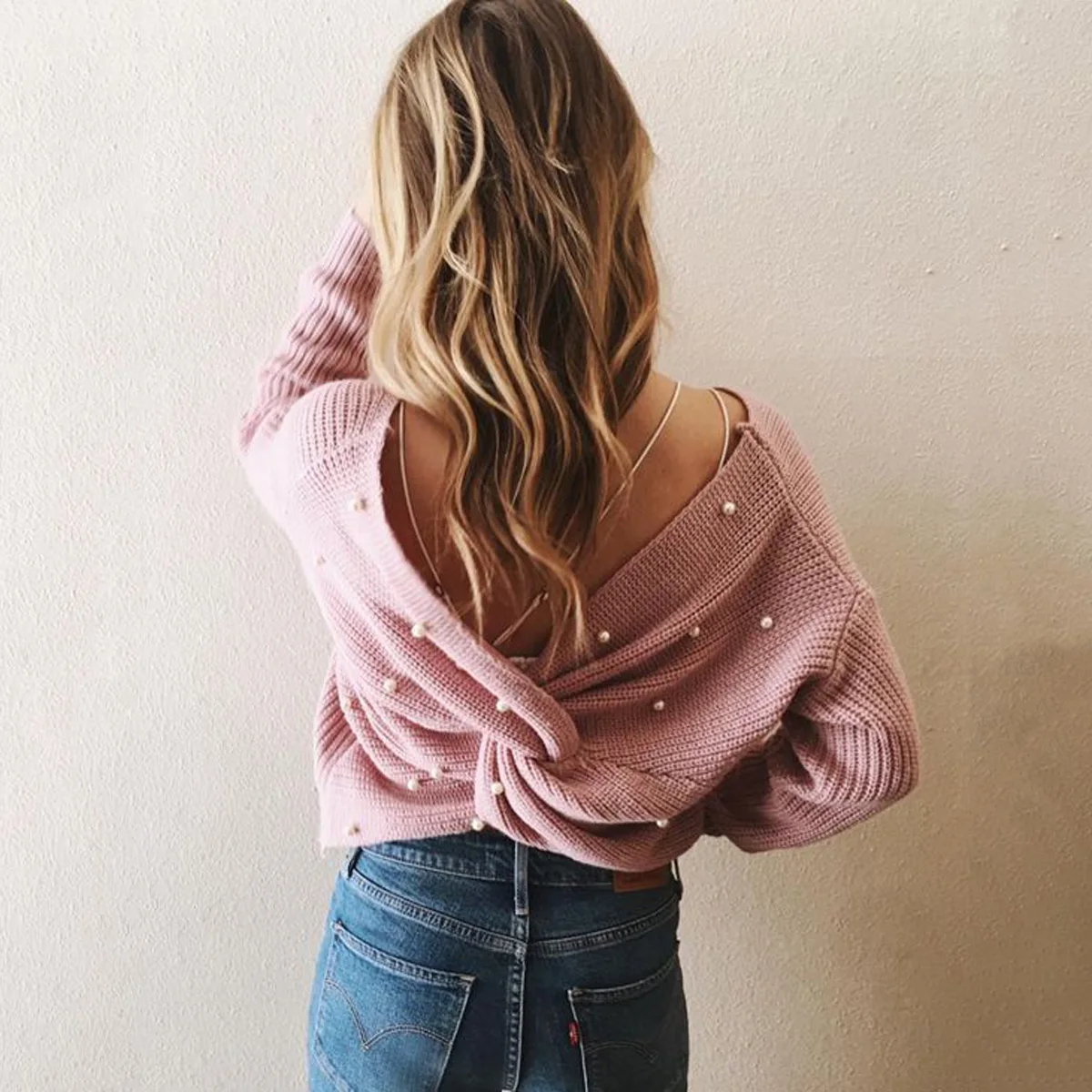

2018 Autumn Winter Sweaters Deep Back Cross Pearl Boho Women Sweaters Long Sleeve V-Neck Pullovers Knitted Jumpers Knitwear Top