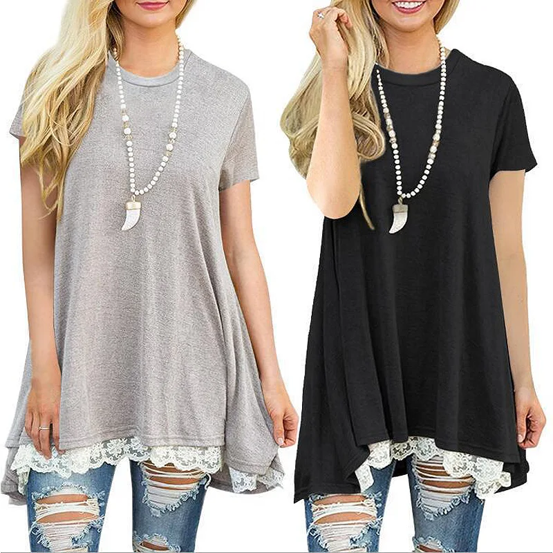 

New Women's Tops Explosive Models Short-sleeved Round Neck Stitching Lace T-shirt Women Tshirt Graphic Tees Women Women Tshirt