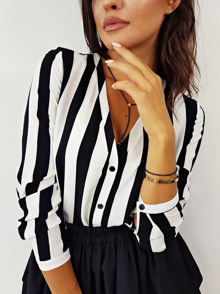 Летняя модная женская рубашка в полоску с v-образным вырезом и длинным рукавом, свободная тонкая блуза, топ в Корейском стиле