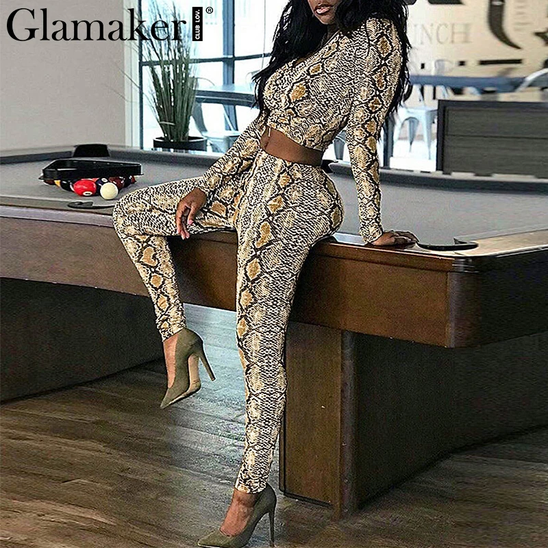 Glamaker Snake print two piece suit jumpsuit Female long sleeve bodysuit sexy jumpsuit romper Women romper overalls for women