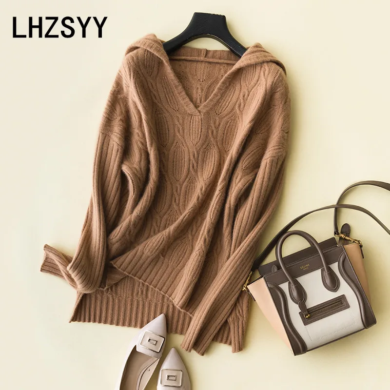 

LHZSYY 2018Autumn Winter New Women' Hooded Collar Cashmere Sweater Fashion Loose Quality Warm Sweater Solid Female Wool Pullover