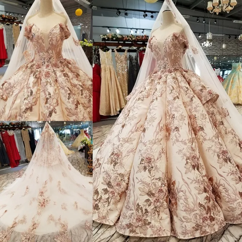 Fashion Flowers Pattern Lace Wedding Dress Pearls 3d Appliques