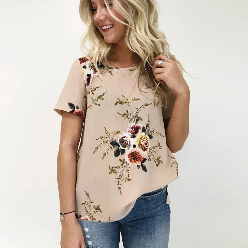 Print Floral Khaki Polyester Chiffon T Shirt Women Tops Tee 2017 Short
