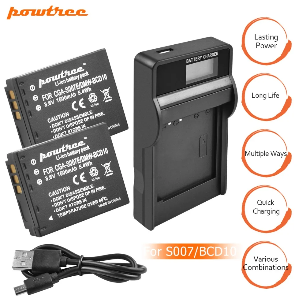

2Packs CGA-S007 Li-ion Battery 3.6V 1500mAh +1Port Battery charger with LED For Panasonic TZ1 TZ2 TZ3 TZ4 TZ5 L20