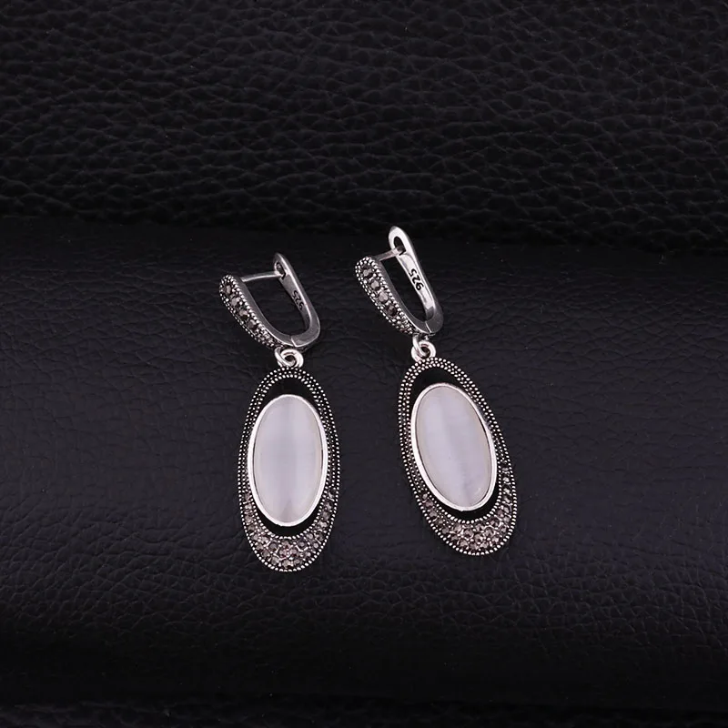 Sellsets Vintage Silver Color Oval Long Earring Pave Black Rhinestone And Resin Opal Dangle Drop Earrings Women Jewelry Gifts