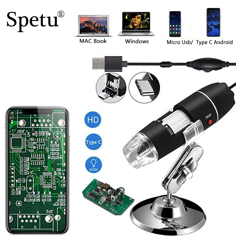 

Spetu Digital Microscope Electronic 2MP 1000X 8LEDs 3IN1 USB Android Endoscope Camera Microscopio Type C Borescope Zoom Camera