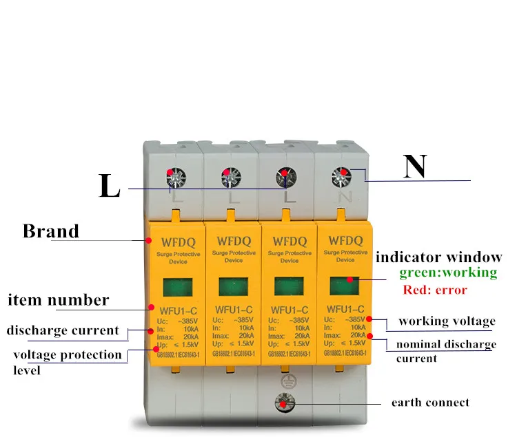 10KA~ 20KA~ 380V AC 4P SPD дом Защита от перенапряжения защитное Низковольтное предохранительное устройство Молниезащита 3L+ 1N