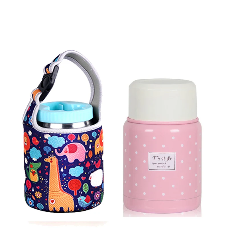 pink with animal bag 350 мл Термос inox Складная ложка термальный детский Ланч-бокс termos красочная банка для супа Портативная сумка контейнер для еды - Цвет: pink with animal bag