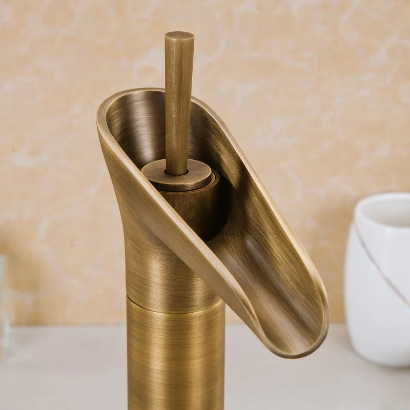 Antique Brass Bathroom Basin Faucet Waterfall Spout Vanity Sink Mixer Tap Single Handle One Hole Deck Mounted KD1270