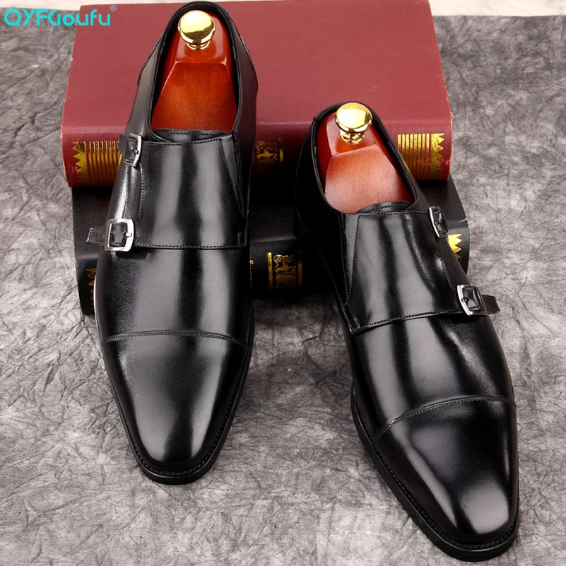 QYFCIOUFU Mens Double Monk Strap Classic Genuine Leather Dress Shoes Mens Suit Shoes High Quality Classic Elegant Shoes New