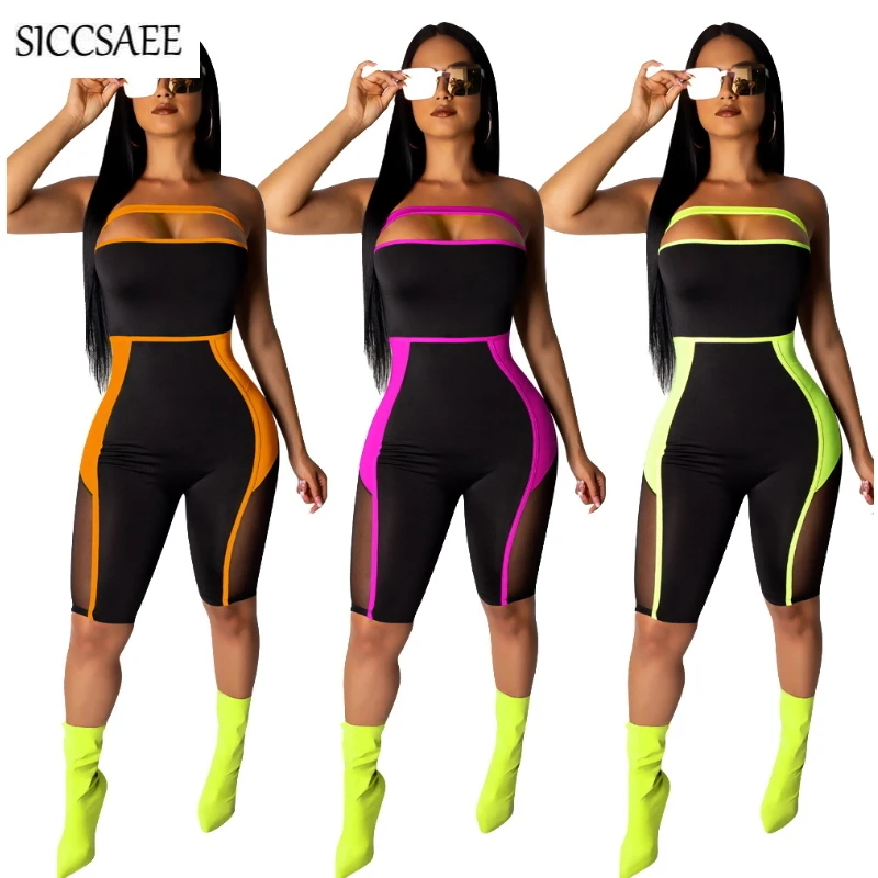

Mesh Patchwork Strapless Bodycon Bodysuit Knee Length Bandage Jumpsuits For Women 2019 Summer Tube Rompers Backless See Through