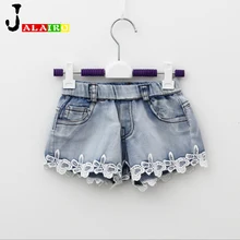 2017 NEW Summer Fashion Girls Lace Flower Denim Pocket Short Jeans Pants Baby Casual Trousers Kids Shorts Children’s Clothing