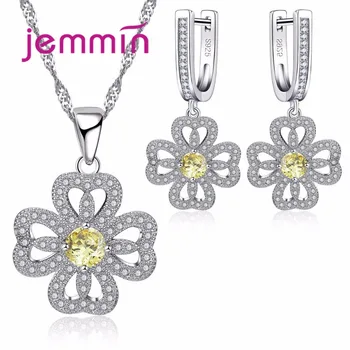 

High Quality 925 Stamp Sterling Silver Yellow Austrian Crystal Women Jewelry Set Flower Pendant Earrings+Necklace Sets