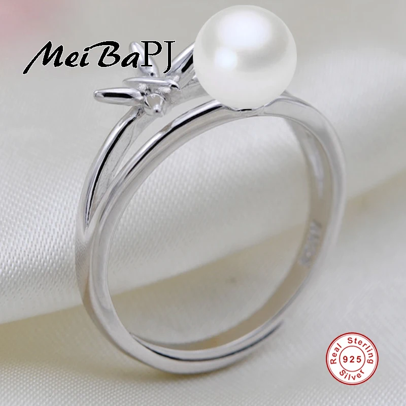 

[MeiBaPJ]Real 925 sterling silver ring 100% natural freshwater pearl women ring Bohemia jewelry white pink purple balck 4 colors