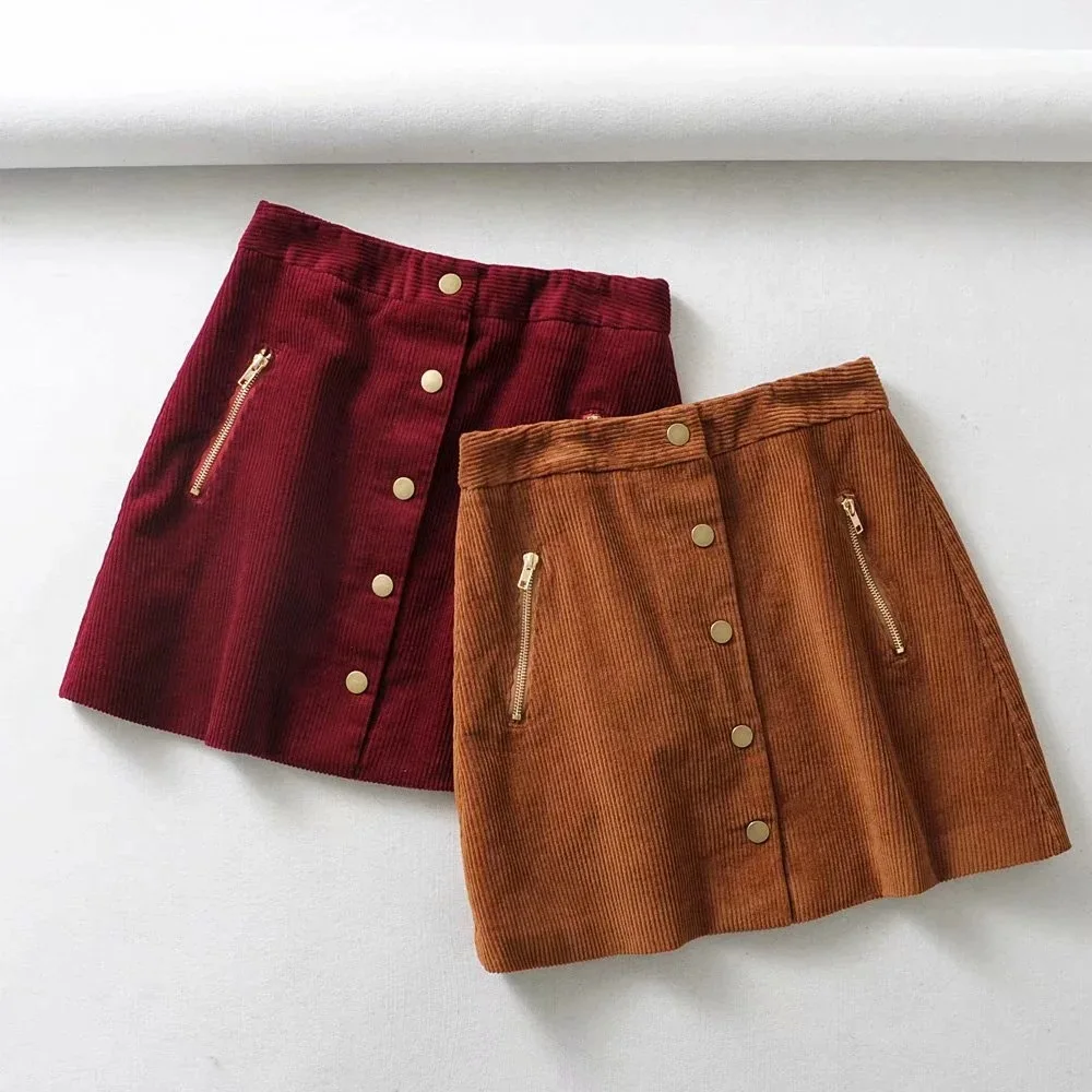 

2019 Spring New Arrival Fashion Solid Corduroy Mini Skirt Buttons & Zippers Decorated A-Line Ladies Skirts Free Shipping