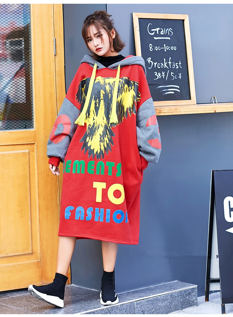 Женские зимние толстые теплые Толстовки Harajuku модные Свободные Batwing рукавом хит Цвет письмо шаблон печати Длинный свитшот Q192