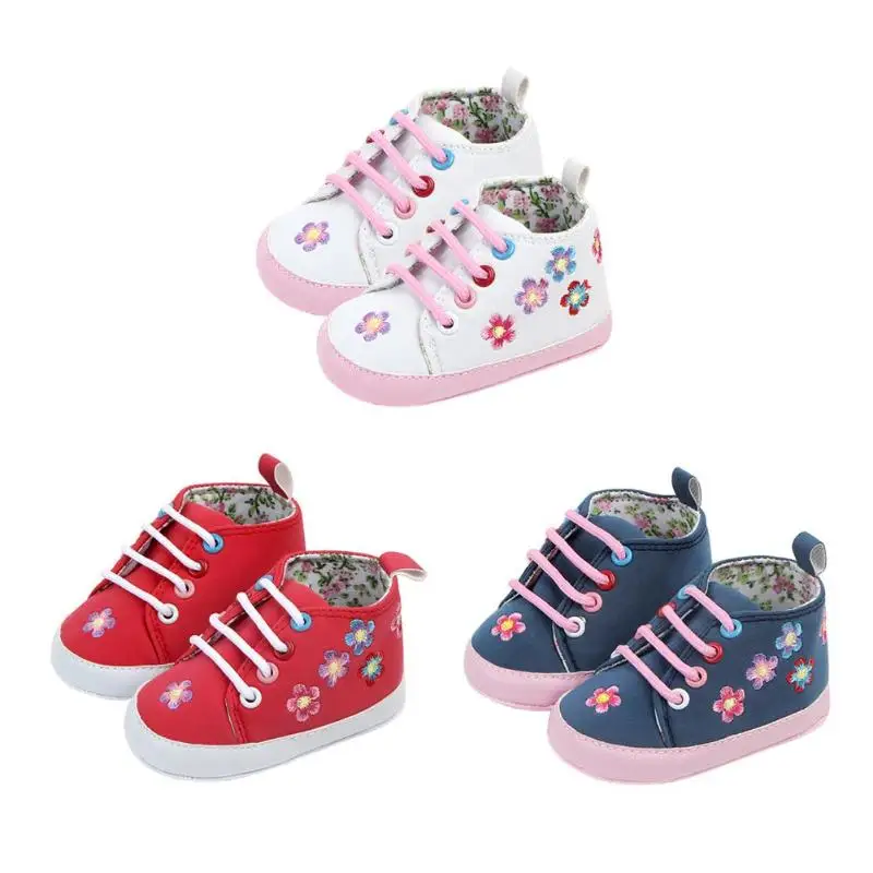 Baby Girls First Walkers Infant Flower Embroidery Shoes Lace Up Boots